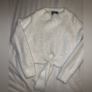White Fuzzy Sweater with Tie Front